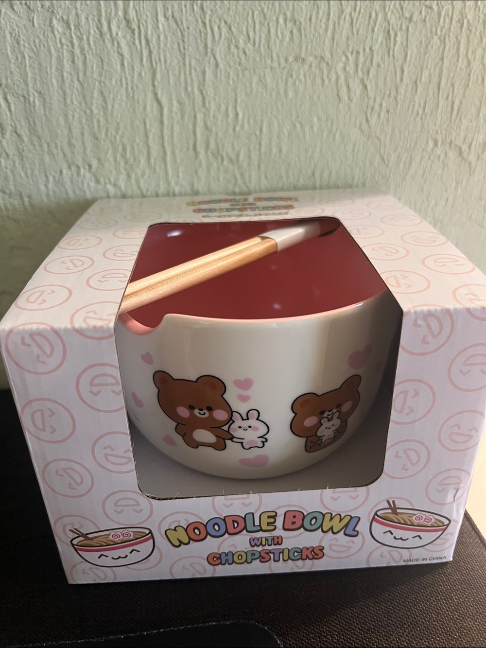 #2764**Cute Bear Noodle Bowl with Chopsticks - Pink Interior